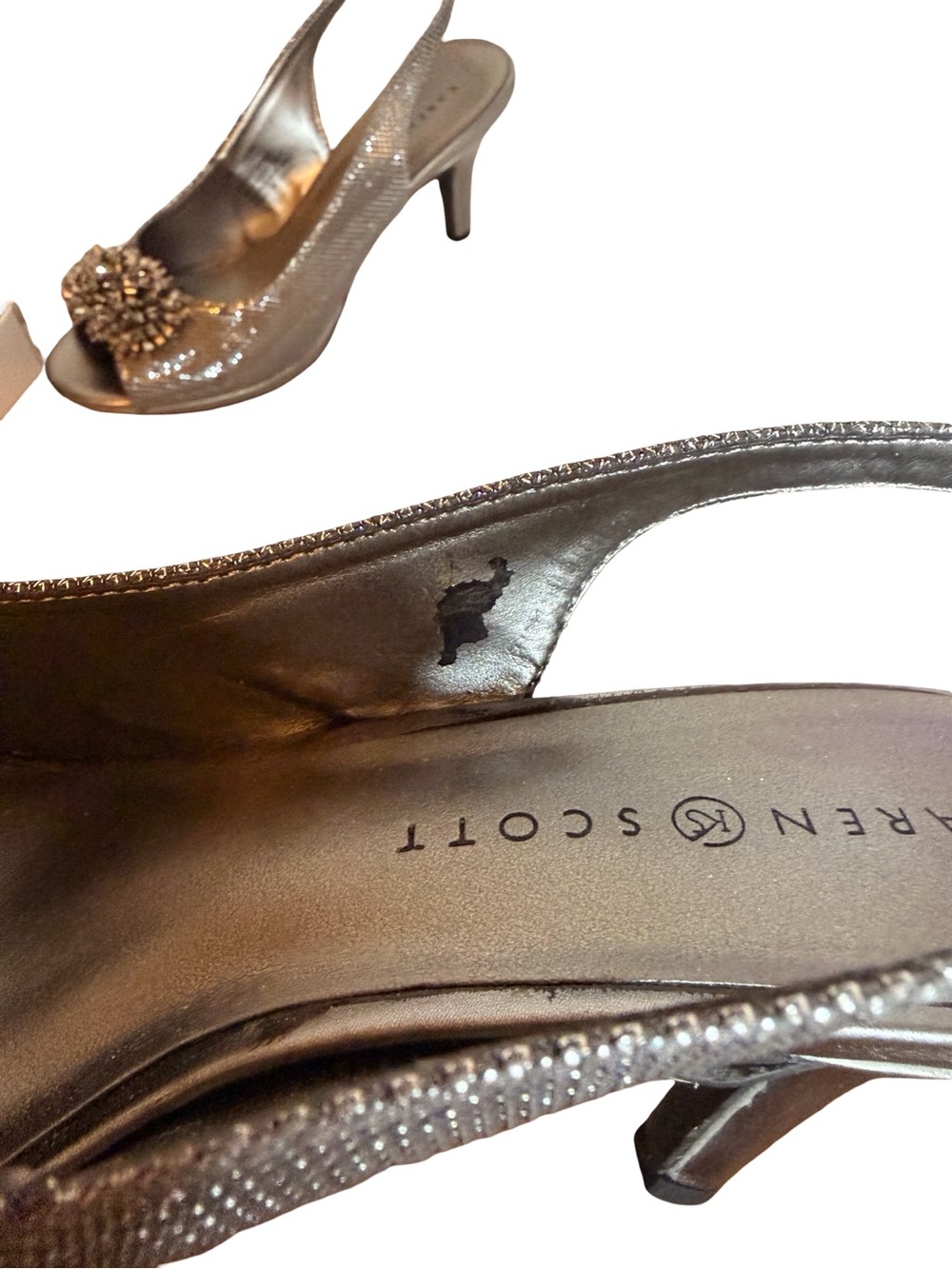Karen Scott Breena Pewter Slingback Peep Toe Heels Beaded Embellished Sz 7.5 - Picture 6 of 8
